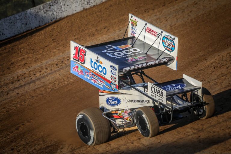 Donny Schatz on the podium with Toco Warranty at Lake Ozark Speedway