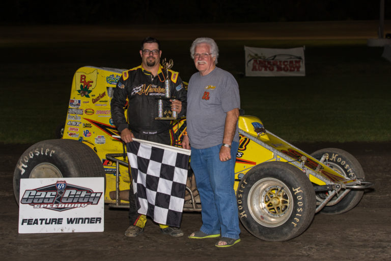 Matt Westfall gets one for the thumb at Gas City Speedway on September 13